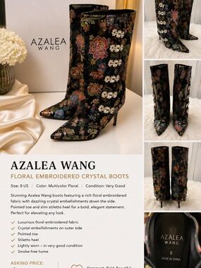 Azalea Wang Multicolor Floral Embroidered Crystal Mid-Calf Heeled Boots